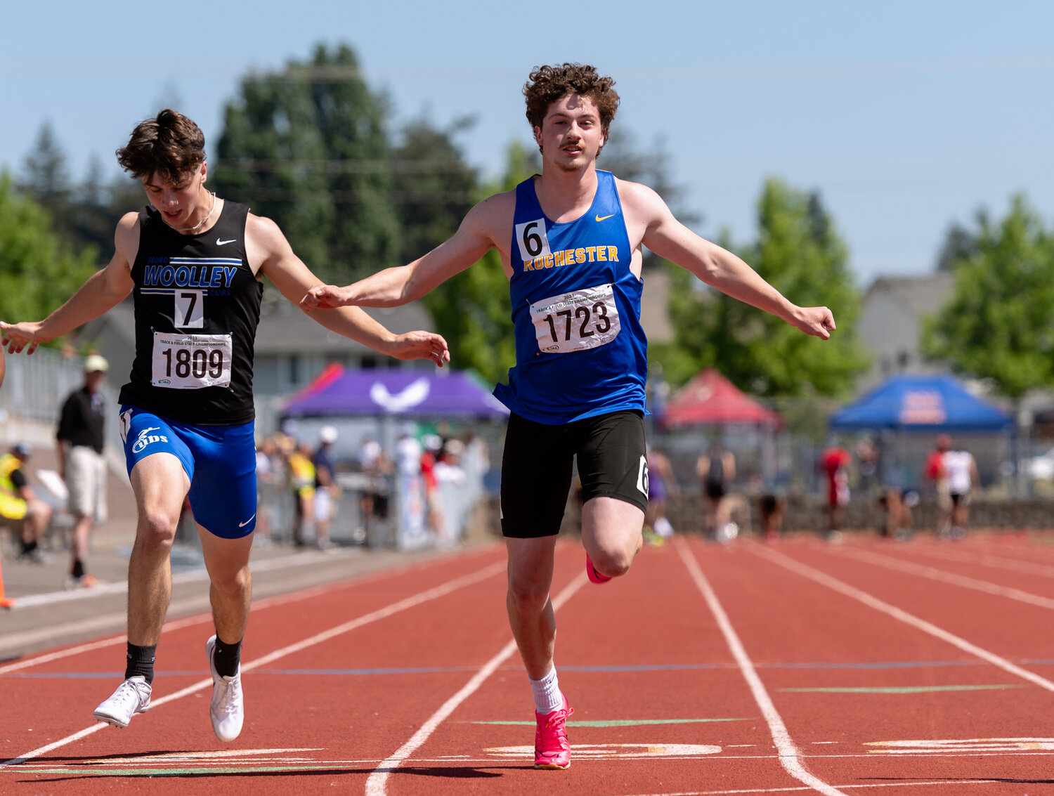 Rochester’s Ashton Rodriguez finishes strong in a preliminary of the 2A boys 100 at the WIAA 2A/3A/4A State Track and Field Championships on Friday, May 26, 2023, at Mount Tahoma High School in Tacoma. (Joshua Hart/For The Chronicle)